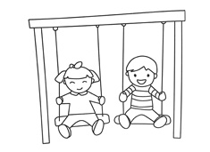 兩位小朋友在玩蕩秋千的簡筆畫圖片