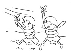 小朋友們在玩小風車的簡筆畫圖片