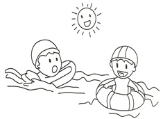 兩位小朋友在水里游泳的簡筆畫