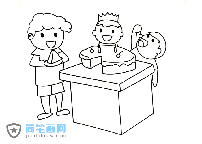 小朋友一起吃蛋糕的簡筆畫圖片