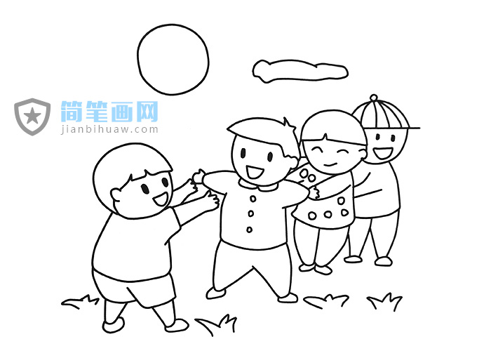 幾個小朋友在玩老鷹捉小雞的游戲簡筆畫