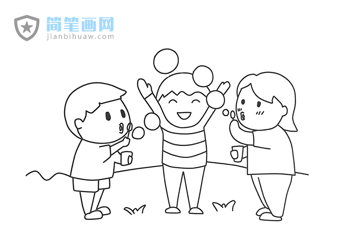 三位小朋友在玩吹泡泡游戲的簡筆畫