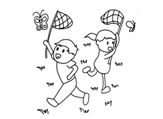 兩個小孩在捉蝴蝶的簡筆畫圖片