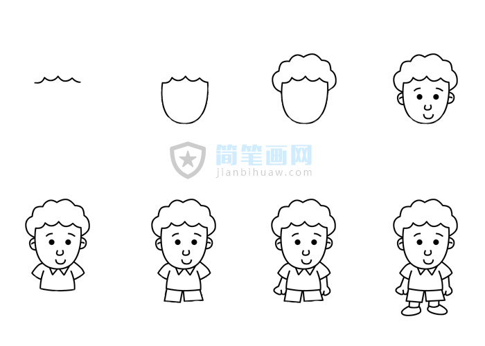 卷發小男孩簡筆畫含步驟及上色