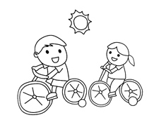 兩位小朋友騎自行車玩耍的簡筆畫圖片