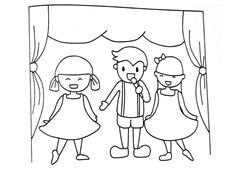 三位小朋友在舞臺上表演唱歌的簡筆畫圖片