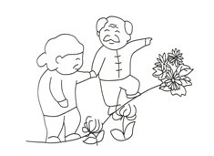 老爺爺攙著老奶奶在公園散步賞花的簡筆畫圖片