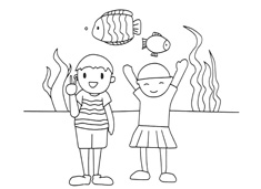 兩位小朋友在水族館游玩的簡筆畫圖片