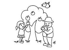 小女孩和爺爺在蘋果樹下摘蘋果的簡筆畫圖片