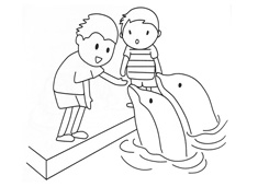 小朋友在海洋館和海豚互動的簡筆畫圖片