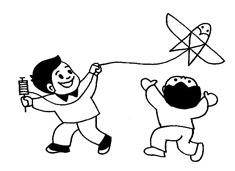 兩個小朋友在放風箏的簡筆畫圖片