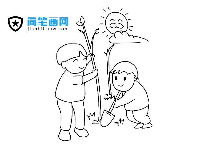 兩位小朋友在植樹的簡筆畫圖片