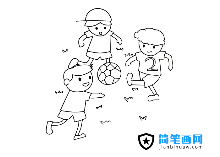 小朋友們在一起踢足球的簡筆畫圖片