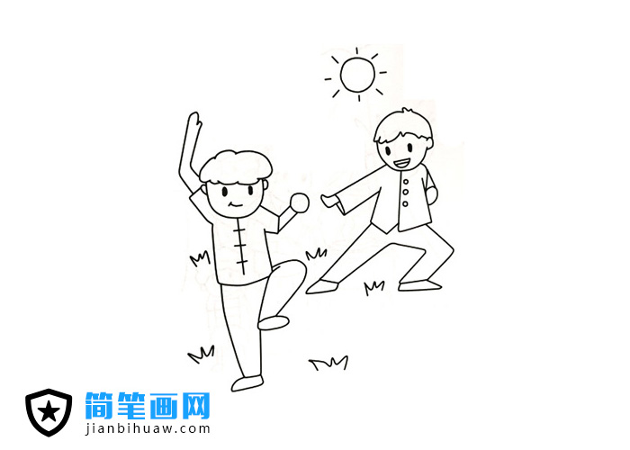 兩位年輕人打太極拳的簡筆畫圖片