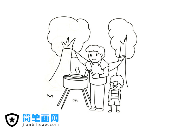 小朋友和爸爸去戶外野炊燒烤的簡筆畫圖片