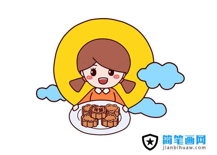 中秋節小朋友端著一盤月餅的簡筆畫圖片