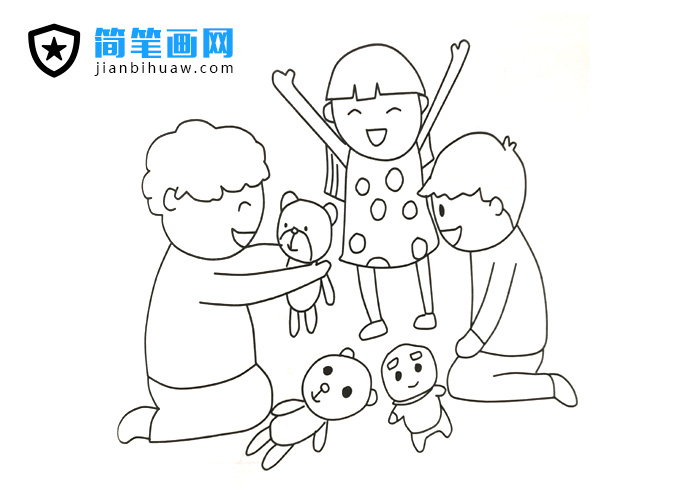 小位小朋友在一起玩玩具的簡筆畫圖片
