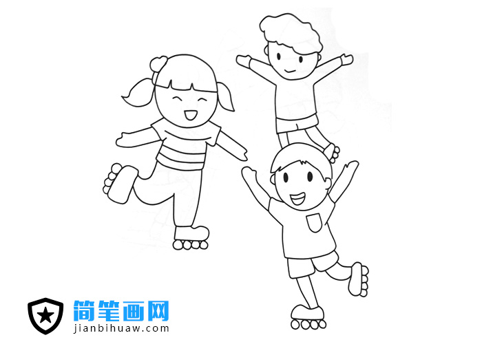 三位小朋友在玩滑輪鞋的簡筆畫圖片