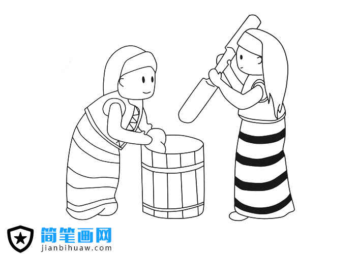 兩個少數民族人民在制作美食的簡筆畫圖片