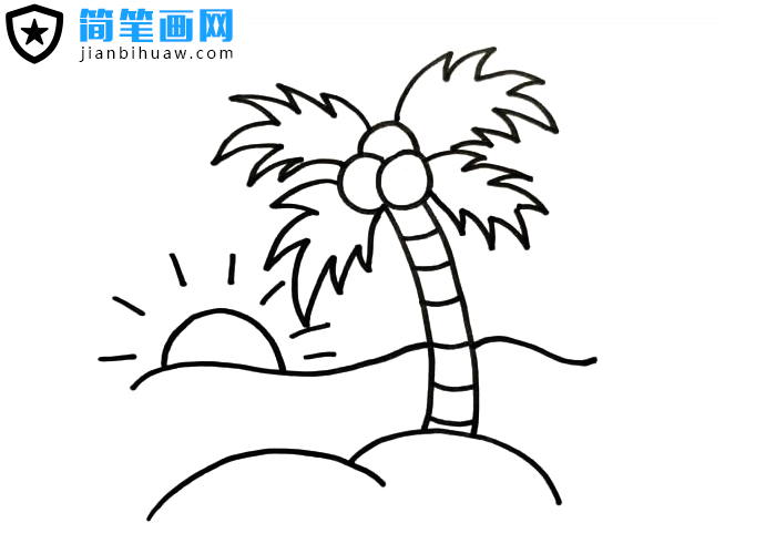 海邊日出椰樹風景簡筆畫含上色圖片