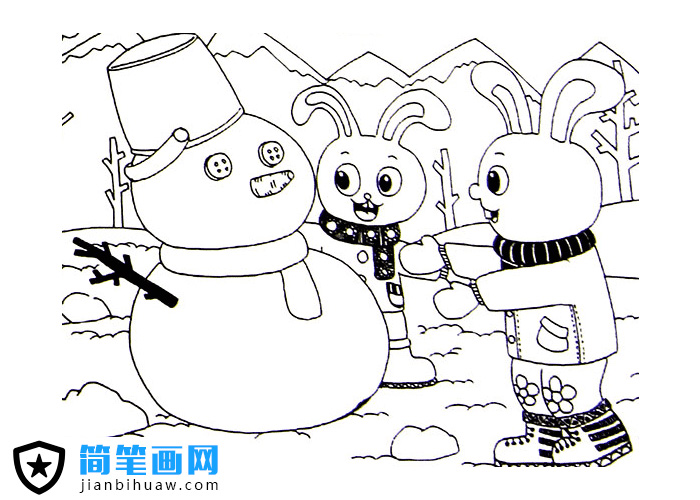 兩只小兔兔在堆雪人的簡筆畫圖片