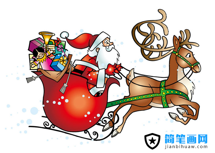 圣誕節圣誕老人駕著馴鹿雪橇車送禮物的簡筆畫圖片