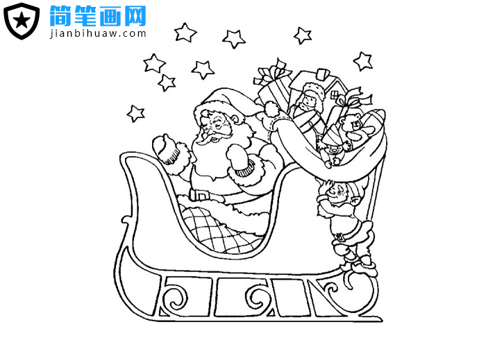 坐著雪橇車拖著一車禮物的圣誕老人簡筆畫圖片